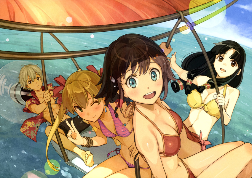 1boy 3girls :d ;) absurdres amy_(suisei_no_gargantia) bangle bare_legs barefoot bike_shorts bikini black_hair blue_eyes blush bracelet breasts brown_eyes brown_hair day earrings floral_print front-tie_bikini_top front-tie_top grey_hair hair_ribbon hair_tubes hang_gliding hawaiian_shirt hidari_(left_side) highres horizon jewelry large_breasts ledo_(suisei_no_gargantia) lens_flare long_hair looking_at_viewer low-tied_long_hair medium_breasts melty_(suisei_no_gargantia) multiple_girls navel ocean ok_sign one_eye_closed open_clothes open_mouth open_shirt outdoors pink_bikini red_bikini red_ribbon ribbon saaya_(suisei_no_gargantia) shirt side-tie_bikini_bottom sidelocks sky small_breasts smile striped_bikini striped_clothes suisei_no_gargantia swimsuit toned toned_male twintails yellow_bikini