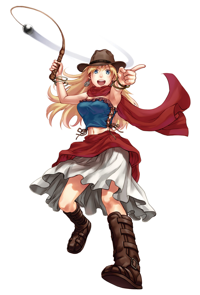 anaxagoras anaxagoras_(tetsugaku_girls) anbe_yoshirou blue_eyes boots bracelet commentary_request crop_top earrings female full_body hat highres jewelry long_hair midriff navel photoshop_(medium) pointing simple_background skirt smile solo tetsugaku_girls whip white_background