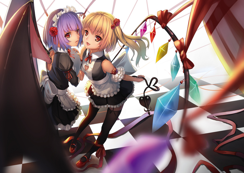 2girls ac_xsk apron blonde_hair flandre_scarlet headdress maid oerba_yun_fang purple_hair red_eyes remilia_scarlet ribbons stockings touhou wings