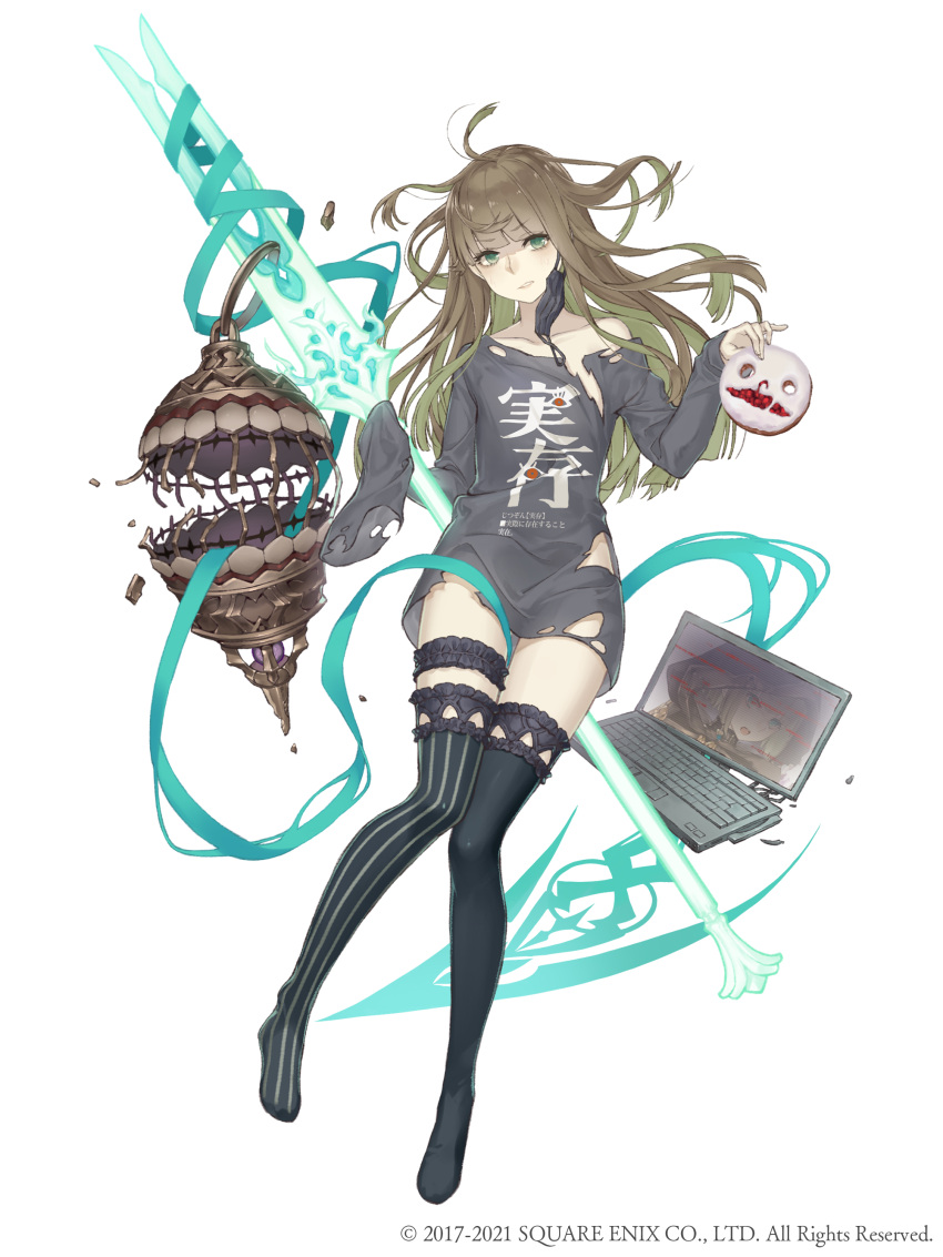 1boy absurdres aqua_eyes aqua_hair asymmetrical_legwear birdcage broken_computer brown_hair cage cake colored_inner_hair computer energy_spear food full_body gretel_(sinoalice) highres ji_no laptop long_hair looking_at_viewer male_focus mask mask_pull messy_hair mismatched_legwear mouth_mask multicolored_hair official_art otoko_no_ko reality_arc_(sinoalice) shirt sinoalice sleeves_past_wrists solo square_enix surgical_mask thighhighs torn_clothes torn_shirt two-tone_hair white_background