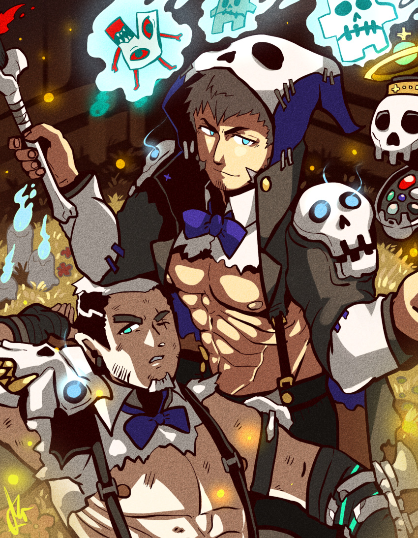 2boys abs alternate_costume bara black_hair bone bow bowtie cape drawing duckpasta facial_hair ghost gloves glowing goatee grey_hair gyee highres injury magic male_focus multicolored_hair multiple_boys muscular muscular_male nipples official_alternate_costume one_eye_closed pectorals short_hair smirk stubble su_(gyee) thick_eyebrows underpec upper_body white_hair yan_(gyee)