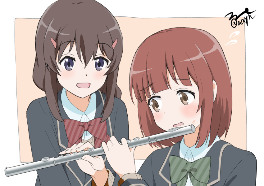 2girls :d aayh black_hair black_jacket blazer blush bow brown_background brown_eyes brown_hair brown_sweater collared_shirt commentary_request diagonal_stripes flute flying_sweatdrops fujimiya_konomi green_bow hair_between_eyes hair_ornament hairclip holding holding_instrument instrument jacket multiple_girls non_non_biyori open_mouth purple_eyes red_bow school_uniform shinoda_akane shirt smile striped striped_bow sweat sweater twitter_username white_shirt