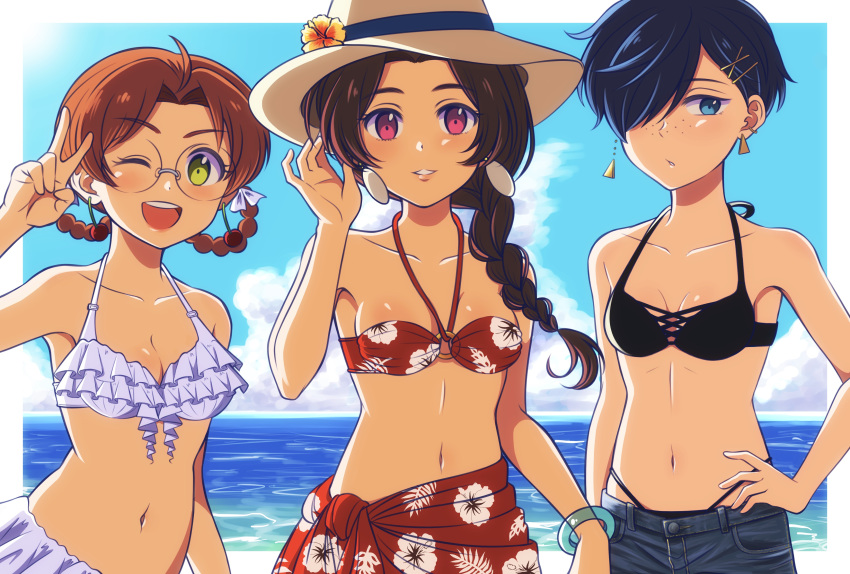 3girls absurdres beach bikini black_bikini blue_eyes blue_hair blue_sky bracelet braid braided_hair_rings breasts brown_hair day denim denim_shorts earrings floral_print flower freckles frilled_bikini frills genderswap_(mtf) glasses green_eyes hair_ornament hair_over_one_eye hair_rings hairclip hand_on_own_hip hat hat_flower highres jewelry jinnai_enta kuji_toi looking_at_viewer medium_breasts mesyoko multiple_girls navel o-ring one_eye_closed outdoors red_bikini red_eyes rule_63 sarazanmai short_hair shorts sky small_breasts sun_hat swimsuit v yasaka_kazuki