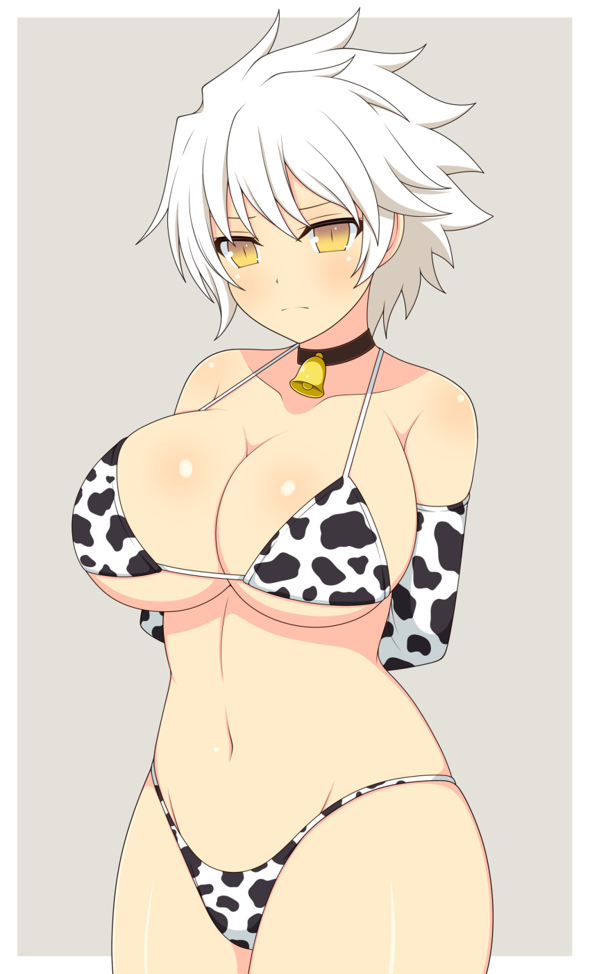 absurdres animal_print arms_behind_back bell bikini breasts choker cleavage collarbone commentary_request cow_print cow_print_bikini elbow_gloves feet_out_of_frame female frown gloves highres ichiryuu_tsumiki large_breasts miyabi_(senran_kagura) navel neck_bell print_bikini senran_kagura short_hair solo spiked_hair swimsuit thighs yellow_eyes