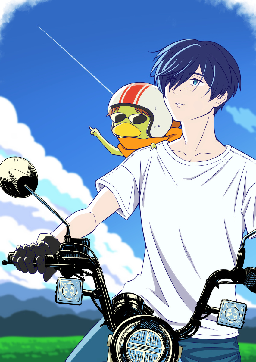 1boy absurdres black_gloves blue_eyes blue_hair blue_sky cloud day denim freckles gloves hair_over_one_eye helmet highres jeans jinnai_enta kappa kuji_toi male_focus mesyoko motor_vehicle motorcycle orange_scarf outdoors pants pointing sarazanmai scarf shirt short_hair short_sleeves sky sunglasses t-shirt white_shirt