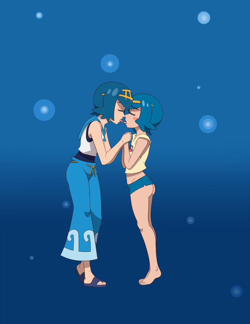 2girls absurdres age_difference blue_eyes blue_hair commission commissioner_upload french_kiss full_body headband height_difference highres incest kissing lana_(pokemon) m-a-v-e-r-i-c-k multiple_girls open_mouth pokemon pokemon_(anime) pokemon_sm_(anime) sarah_(pokemon) siblings sisters tongue tongue_out yuri