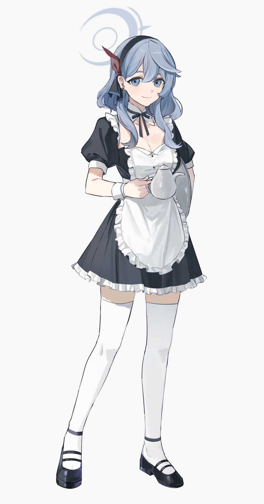 absurdres ako_(blue_archive) alternate_costume apron black_dress black_footwear black_hairband blue_archive blue_eyes blue_hair breasts cjsdh1000 cleavage closed_mouth dress ear_piercing enmaided female frills full_body grey_background hairband halo highres looking_at_viewer maid piercing puffy_short_sleeves puffy_sleeves shoes short_sleeves simple_background solo standing thighhighs white_thighhighs