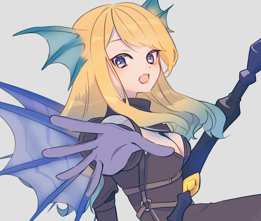 blonde_hair blue_eyes blue_gloves blue_hair blue_skin colored_skin commission commissioner_upload dragon_girl eiftnr female fins gloves gradient_hair head_fins highres indie_virtual_youtuber long_hair looking_at_viewer monster_girl multicolored_hair multicolored_skin non-web_source solo virtual_youtuber zeta_(vtuber) zeta_(vtuber)_(sea_dragon_knight)