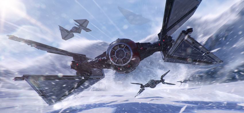 canopy cockpit epic first_order fleet flying gus_mendonca helmet highres lens_flare looking_at_viewer motion_blur pilot realistic redesign science_fiction snow space_craft star_destroyer star_wars star_wars:_the_force_awakens starfighter starkiller_base striped tie_fighter tie_interceptor tie_pilot window