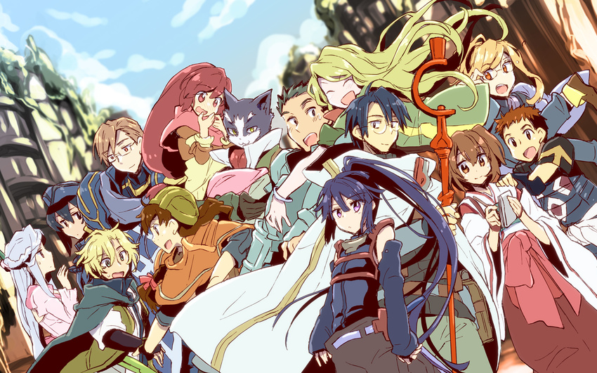 5boys 6+girls akatsuki_(log_horizon) bare_shoulders blue_hair blush commentary_request crusty_(log_horizon) detached_sleeves glasses henrietta_(log_horizon) highres isuzu_(log_horizon) james_hotate log_horizon long_hair lunderhaus_cord marielle_(log_horizon) minori_(log_horizon) multiple_boys multiple_girls naotsugu_(log_horizon) nyanta_(log_horizon) photoshop_(medium) ponytail purple_eyes purple_hair reinesia_el_arte_cowen serara_(log_horizon) shiroe_(log_horizon) short_hair staff takayama_misa touya_(log_horizon)