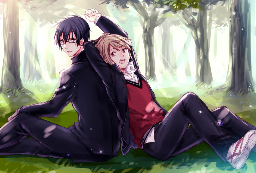 2boys arms_behind_back back-to-back bad_id bad_pixiv_id bespectacled brown_hair fujiwara_takeru gakuran glasses male_focus multiple_boys prince_of_stride red_eyes school_uniform shoes short_hair sitting sneakers stretching tree unabara_misumi yagami_riku