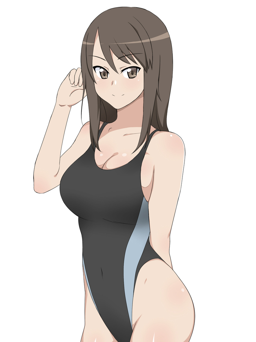 black_hair brown_eyes commentary_request competition_swimsuit cowboy_shot female girls_und_panzer highleg highleg_swimsuit highres kagemusha long_hair mika_(girls_und_panzer) no_headwear one-piece_swimsuit solo standing swimsuit