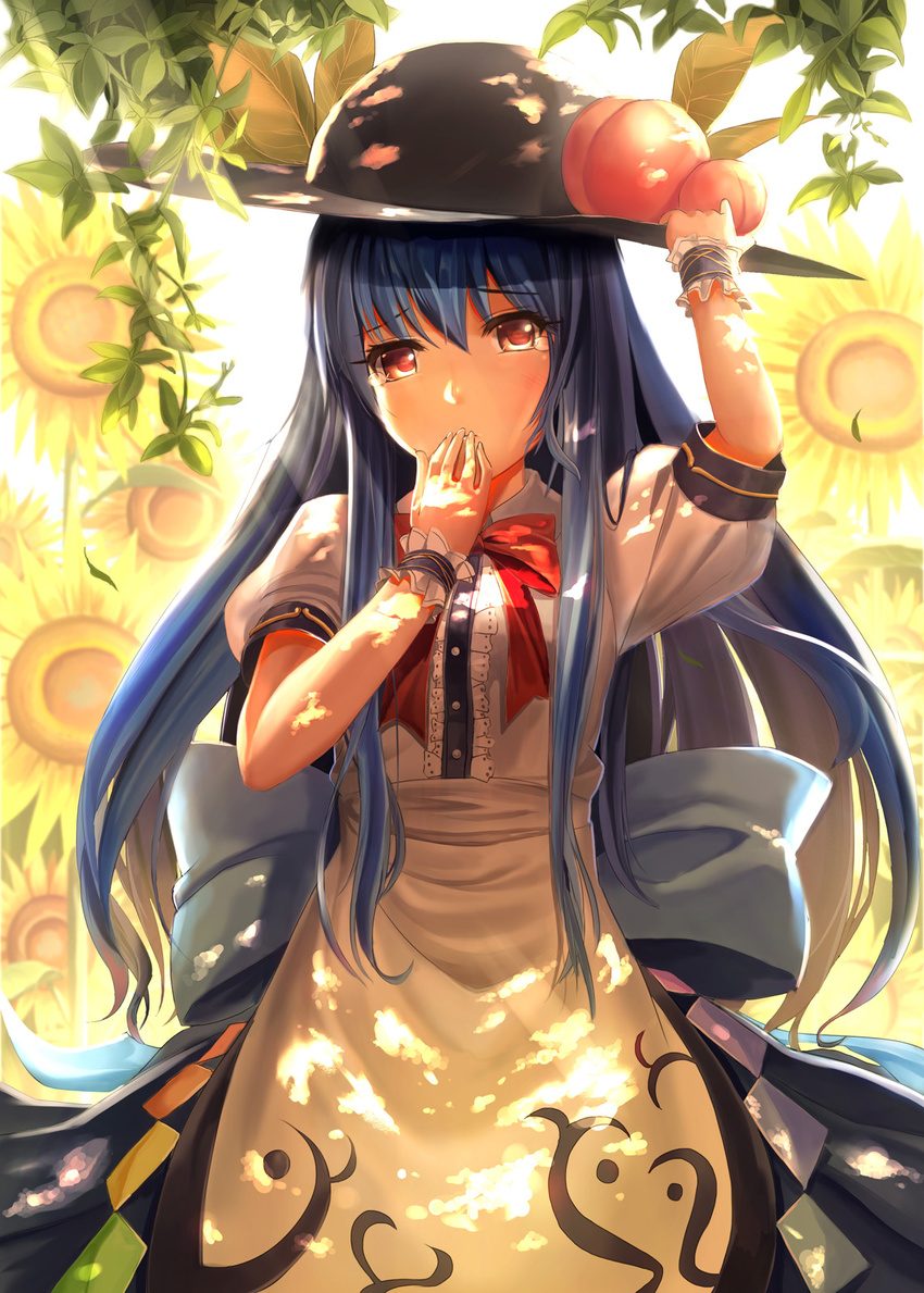 backlighting blue_hair bow commentary_request dappled_sunlight female flower food fruit hand_to_own_mouth hat highres hinanawi_tenshi long_hair looking_at_viewer peach photoshop_(medium) purple_hair rayxray red_eyes shirt short_sleeves skirt solo sunflower sunlight tears touhou very_long_hair wrist_cuffs