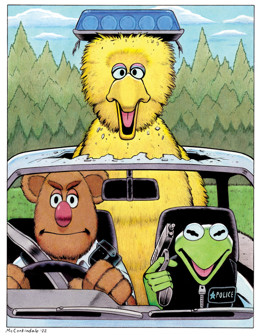 2022 4_fingers 5_fingers amphibian anthro avian beak bear big_bird_(sesame_street) big_nose bird border brown_body brown_fur bruce_mccorkindale car clothing crossover eyebrows feathers fingers forest fozzie_bear frog fur grass green_body group gun hi_res hot_fuzz inside_car kermit_the_frog looking_at_viewer male mammal mirror motor_vehicle muppet muppets parody plant police police_car police_siren police_uniform police_vehicle ranged_weapon red_nose seatbelt sesame_street signature steering_wheel text the_muppet_show thick_eyebrows tree trio uniform vehicle weapon white_border yellow_body yellow_feathers