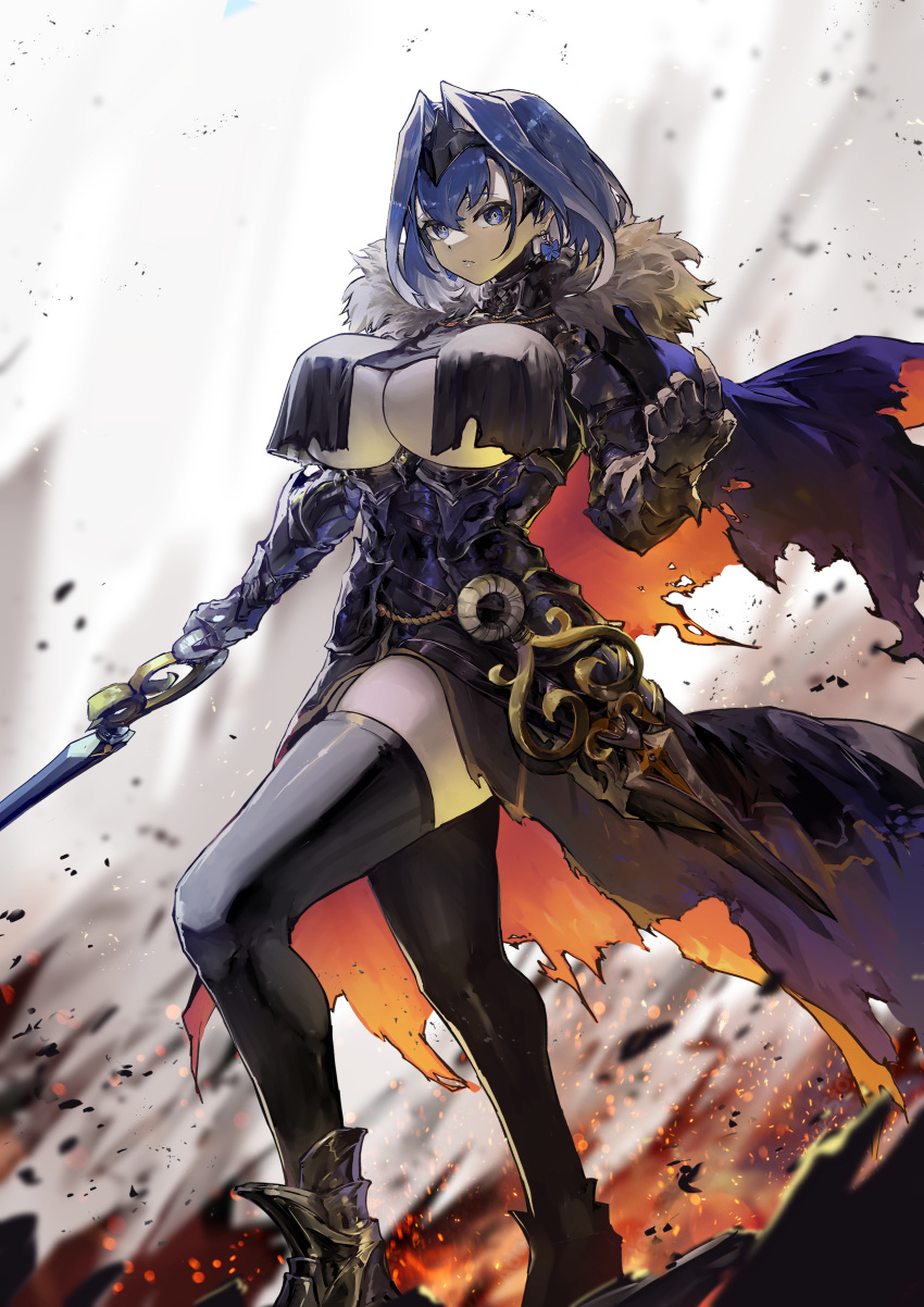 absurdres alternate_costume armor ashes black_thighhighs blue_eyes blue_hair bow breasts cape cleavage cosplay earrings fate/grand_order fate_(series) female fire gauntlets gloves hair_intakes headband highres hololive hololive_english huge_breasts jeanne_d'arc_alter_(avenger)_(fate) jeanne_d'arc_alter_(avenger)_(fate)_(cosplay) jeanne_d'arc_alter_(fate) jewelry ouro_kronii short_hair solo sword thighhighs underboob virtual_youtuber vyragami weapon