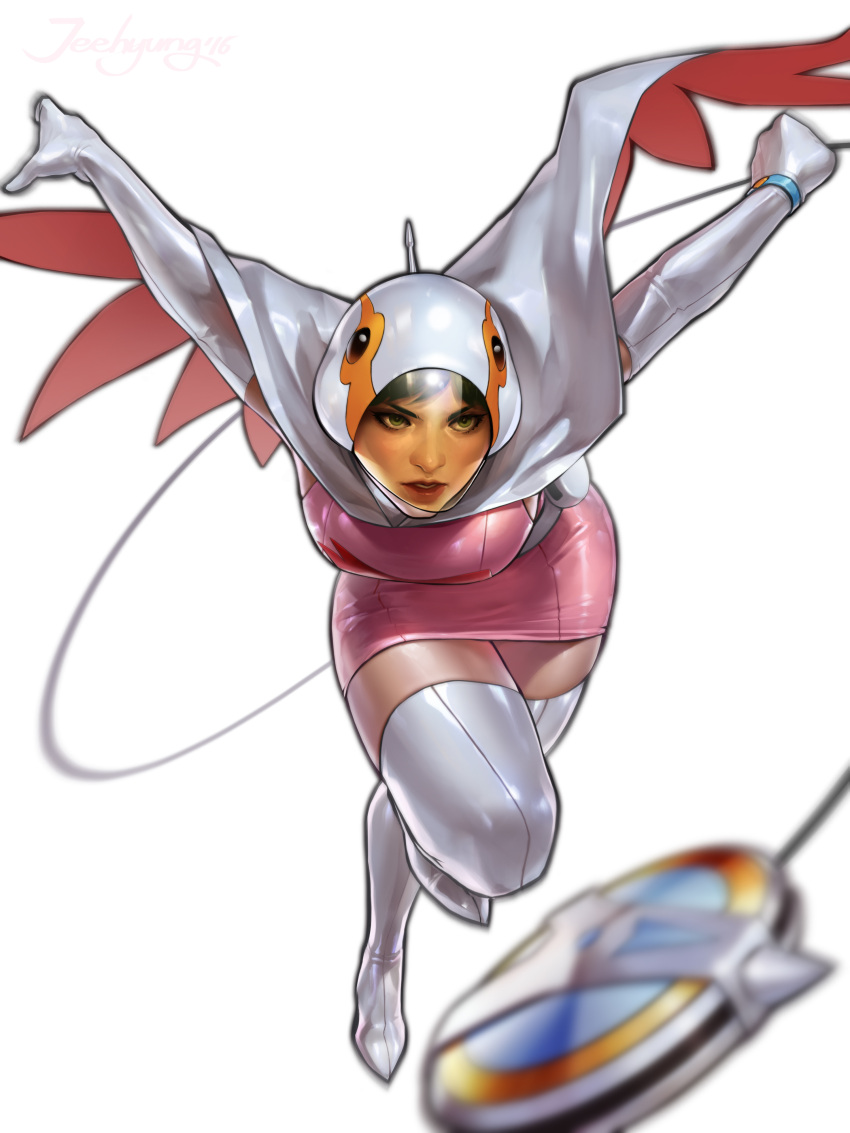 absurdres airborne belt black_hair boots breasts cable cape dress female gatchaman gloves grey_belt helmet high_heel_boots high_heels highres jee-hyung_lee jun_the_swan looking_ahead medium_breasts parted_lips pink_dress realistic solo thigh_boots thighhighs v-shaped_eyebrows white_background white_cape white_footwear white_gloves