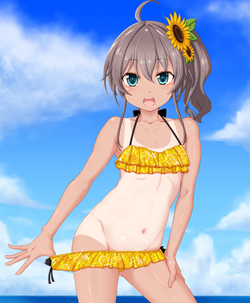 ahoge bikini bikini_pull blue_eyes blue_sky brown_hair clothes_pull cloud cloudy_sky commentary cowboy_shot day female flat_chest flower frilled_bikini frills groin hair_flower hair_ornament halterneck highres hololive horizon looking_at_viewer medium_hair natsuiro_matsuri natsuiro_matsuri_(hololive_summer_2019) navel ocean one-piece_tan open_mouth outdoors pulling_own_clothes seushiki_(ponti-ron) side_ponytail sky smile solo standing sunflower sunflower_hair_ornament swimsuit tan tanlines textless_version virtual_youtuber yellow_bikini