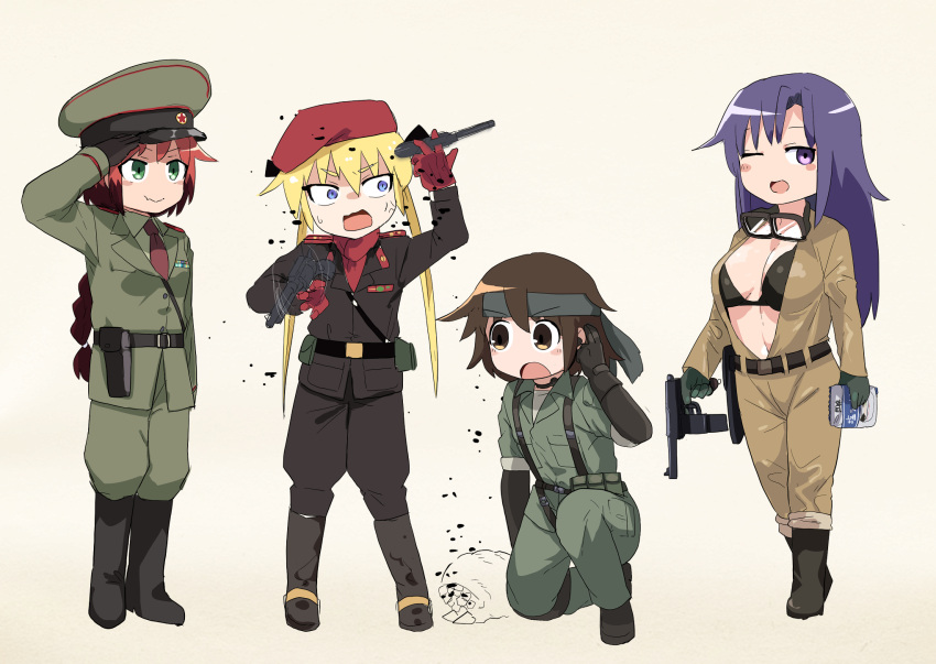 4girls anger_vein belt beret big_boss big_boss_(cosplay) black_belt black_bra black_coat black_footwear black_gloves black_headband black_pants blonde_hair blue_eyes blush bodysuit boots bra braid braided_ponytail breasts brown_bodysuit brown_eyes brown_hair character_request check_character closed_mouth coat commentary_request cosplay earpiece elbow_gloves eva_(metal_gear) eva_(metal_gear)_(cosplay) flat_chest fuka_(kantoku) full_body gloves goggles goggles_around_neck goshiki_agiri green_eyes green_jacket green_pants gun handgun hat headband highres holding holding_gun holding_weapon holster ivan_raidenovitch_raikov ivan_raidenovitch_raikov_(cosplay) jacket kill_me_baby long_hair looking_at_viewer looking_to_the_side medium_breasts metal_gear_(series) metal_gear_solid_3:_snake_eater military military_hat military_uniform multiple_girls naked_snake naked_snake_(cosplay) necktie on_one_knee one_eye_closed open_bodysuit open_clothes open_mouth oribe_yasuna pants purple_eyes purple_hair red_hair red_headwear red_necktie revolver revolver_ocelot revolver_ocelot_(cosplay) salute short_hair simple_background small_breasts smile sonya_(kill_me_baby) spinning_weapon star_(symbol) underwear uniform unused_character_(kill_me_baby) weapon