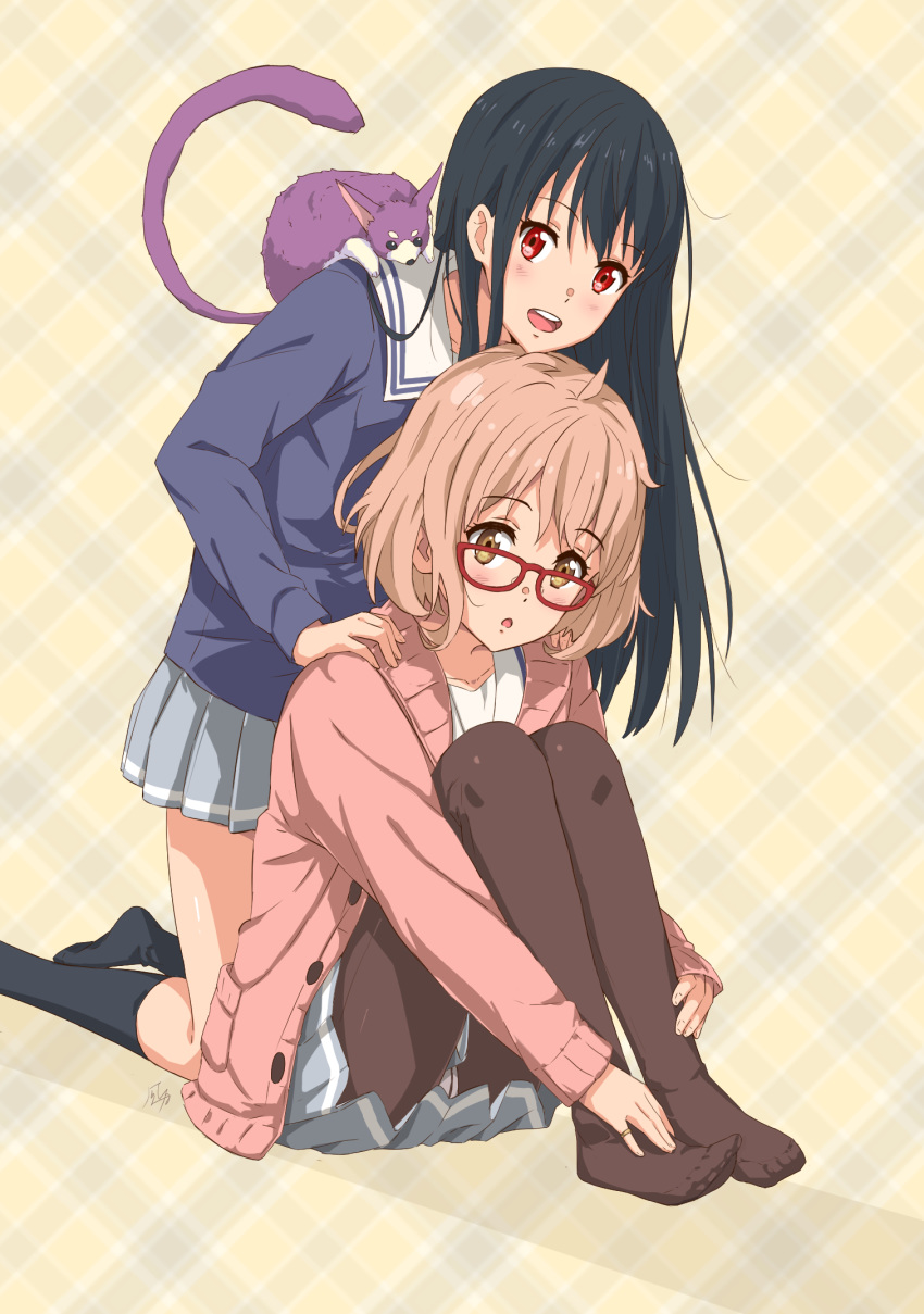 2girls animal black_hair black_socks bob_cut brown_eyes brown_hair brown_pantyhose cardigan glasses highres kazeno kuriyama_mirai kyoukai_no_kanata long_hair looking_at_viewer multiple_girls nase_mitsuki no_shoes panties panties_under_pantyhose pantyhose pantyshot plaid plaid_background pleated_skirt red-framed_eyewear red_eyes school_uniform serafuku short_hair skirt socks underwear white_panties