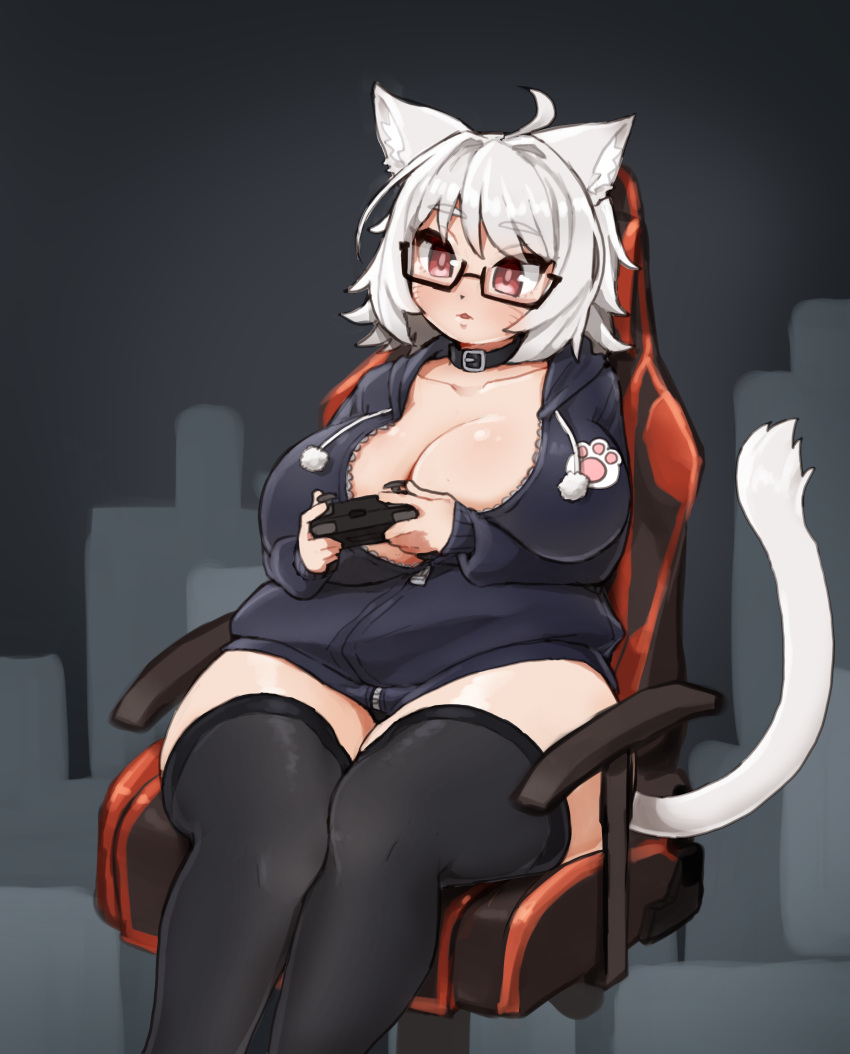 absurdres ahoge animal_ear_fluff animal_ears black-framed_eyewear breasts cleavage collar collarbone color_banding commentary_request controller dot_nose facial_mark feet_out_of_frame female final_fantasy final_fantasy_xiv game_controller glasses highres holding holding_controller holding_game_controller hood hooded_jacket huge_breasts ichika_(ichika_manga) jacket looking_away medium_hair parted_lips paw_print semi-rimless_eyewear sitting solo tail thick_thighs thighhighs thighs tsurime under-rim_eyewear warrior_of_light_(ff14) xibi_(xibichibi) zettai_ryouiki zipper