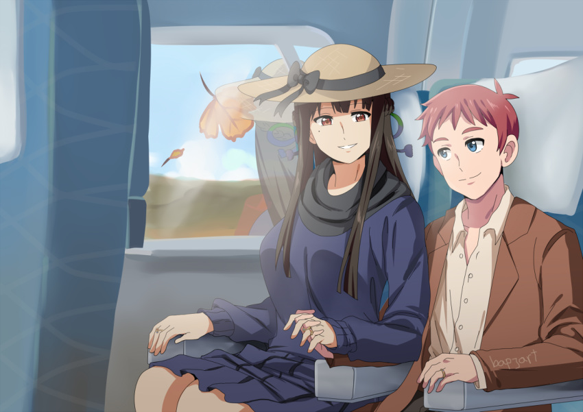 1boy alternate_costume alternate_hairstyle autumn_leaves beta_(joutarou) black_hair black_scarf blue_eyes braid breasts commentary couple english_commentary eye_contact female french_braid hair_ribbon hat holding_hands husband_and_wife iowa_(pacific) jewelry kimi_no_na_wa. large_breasts long_sleeves looking_at_another miyamizu_mitsuha mole mole_under_eye ornate_ring pacific_(kancolle) red_eyes red_hair reflection ribbon ring scarf smile straight sun_hat teeth train_interior wedding_ring window