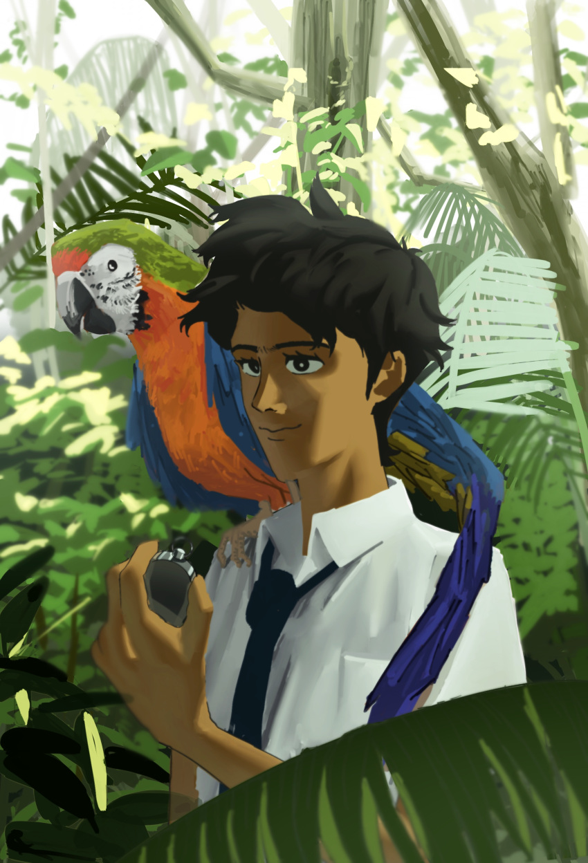 1boy absurdres animal bird black_eyes black_hair breast_pocket collared_shirt commentary compass dark-skinned_male dark_skin foliage highres jungle male_focus nature necktie pakkun parrot pocket rajdhani_(sonny_boy) shirt short_hair smile solo sonny_boy tree white_shirt