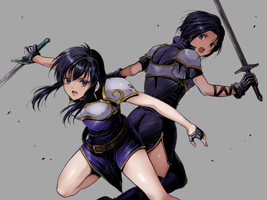 2girls ass black_hair boots creidne_(fire_emblem) earrings fingerless_gloves fire_emblem fire_emblem:_genealogy_of_the_holy_war gloves grey_background hanasaki_komugi jewelry larcei_(fire_emblem) looking_at_viewer multiple_girls open_mouth short_hair source_request sword weapon