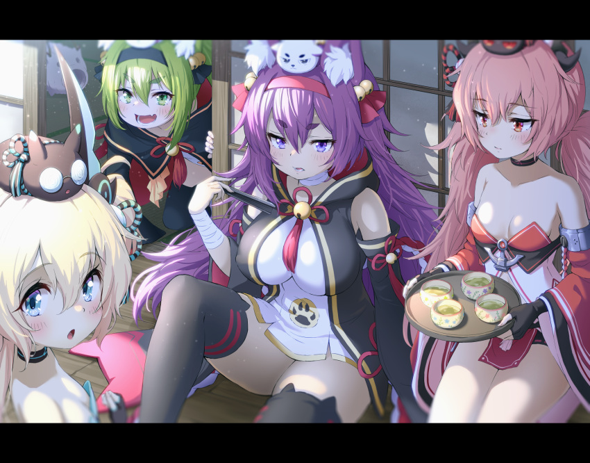 4girls animal_ear_fluff animal_ears azur_lane bandaged_arm bandages bare_shoulders bell black_ribbon blonde_hair blue_eyes blue_ribbon blush breasts capelet choker cleavage closed_mouth collarbone cup detached_sleeves fingerless_gloves folded_fan folding_fan fox_ears gloves green_eyes green_hair green_tea grimace hair_bell hair_between_eyes hair_ornament hair_ribbon hairband hamakaze_(azur_lane) hand_fan highres holding holding_fan holding_tray isokaze_(azur_lane) jitome kneeling large_breasts letterboxed long_hair long_sleeves looking_at_another looking_at_viewer md5_mismatch mosquito_coil multiple_girls oerba_yun_fang open_mouth pink_hair porch purple_eyes purple_hair red_eyes red_ribbon ribbon seiza shouji sidelocks sitting sliding_doors small_breasts smile tanikaze_(azur_lane) tatami tayuura_(kuwo) tea teacup teeth thick_eyebrows thighhighs thighs tray twintails urakaze_(azur_lane) very_long_hair wide_sleeves