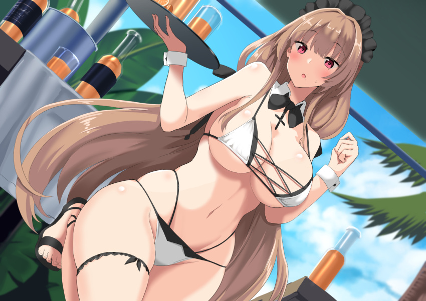 :o azur_lane bare_shoulders bartender bikini black_footwear black_ribbon blue_sky blush breasts brown_hair cleavage cloud commentary_request cowboy_shot cross-laced_bikini cross-laced_clothes day detached_collar dutch_angle female frilled_hairband frills groin hair_intakes hairband hands_up holding holding_tray large_breasts long_hair looking_at_viewer maid maid_bikini midriff minato_yoshihiro mole mole_under_mouth multi-strapped_bikini navel neck_ribbon official_alternate_costume outdoors palm_tree pitcher_(container) red_eyes ribbon sandals sideboob sidelocks skindentation sky solo standing standing_on_one_leg stomach sweat swiftsure_(azur_lane) swiftsure_(midsummer_special_service)_(azur_lane) swimsuit thigh_strap tray tree two-tone_bikini unconventional_maid underboob very_long_hair white_bikini wrist_cuffs