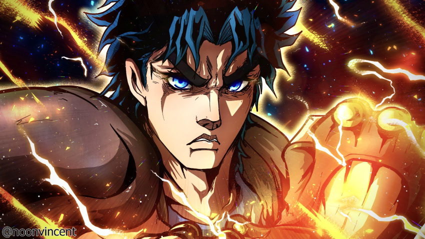 1boy angry aura black_hair blue_eyes blue_hair blue_shirt determined electricity fingerless_gloves gloves hamon highres jojo_no_kimyou_na_bouken jonathan_joestar lightning male_focus noonvincent phantom_blood serious shirt shoulder_pads solo