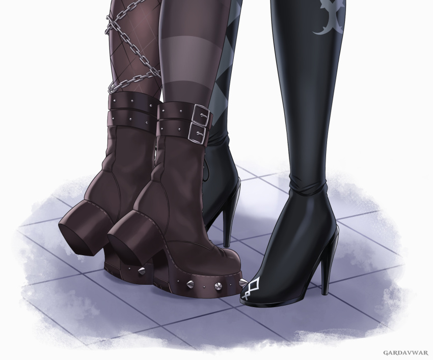 2girls artist_name asymmetrical_legwear black_footwear black_socks black_thighhighs block_heels boots chains close-up commentary english_commentary feet_only fishnet_socks fishnets footwear_focus gardavwar height_difference high_heel_boots high_heels highres hololive hololive_english implied_kiss mismatched_legwear multiple_girls nerissa_ravencroft nerissa_ravencroft_(1st_costume) platform_footwear platform_heels shiori_novella shiori_novella_(1st_costume) simple_background single_thighhigh socks spiked_footwear standing striped_clothes striped_thighhighs thighhighs tile_floor tiles tiptoes virtual_youtuber white_background yuri