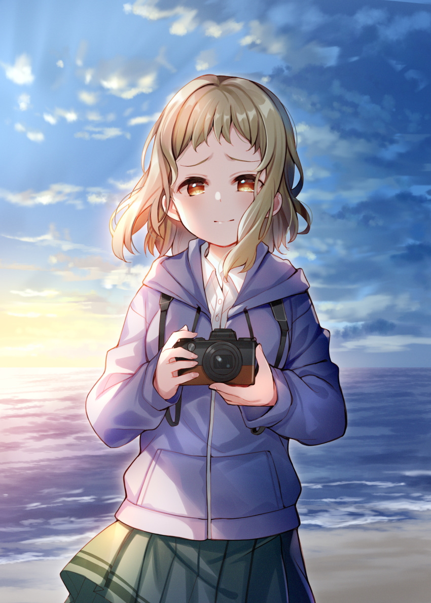 absurdres brown_eyes brown_hair camera camera_around_neck closed_mouth cloud cloudy_sky collared_shirt drawstring dress_shirt female forehead grey_skirt highres holding holding_camera hood hood_down hooded_jacket horizon jacket just_because! komiya_ena looking_at_viewer meito_(maze) ocean outdoors pleated_skirt purple_jacket shirt skirt sky smile solo sunset water white_shirt