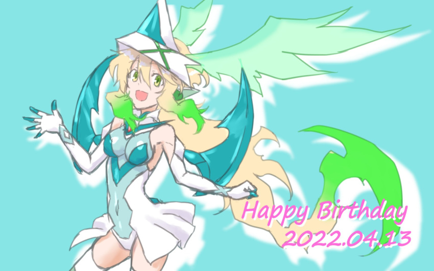 akatsuki_kirika blonde_hair blush breasts covered_navel dated female glowing glowing_hair gradient_hair green_eyes green_hair happy_birthday head_wings headgear highres leotard long_hair looking_at_viewer multicolored_hair senki_zesshou_symphogear shiny_skin skin_tight skirt smile solo standing striped type-moongundam wings x-drive_(symphogear)