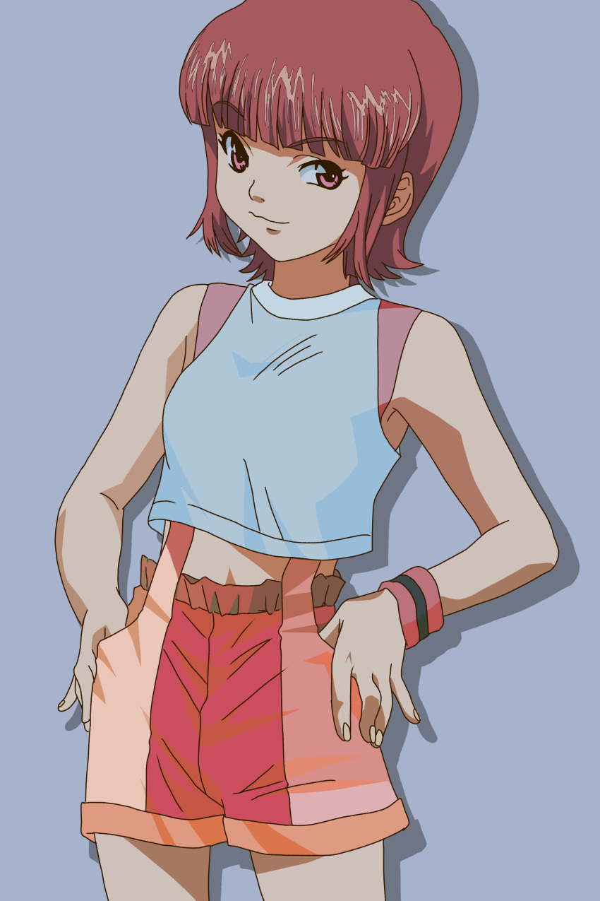 absurdres azusagawa_mizuno brown_eyes brown_hair cat_higeo crop_top female highres looking_at_viewer midriff shirt short_hair shorts simple_background sleeveless sleeveless_shirt solo standing thumbs_in_pockets wristband yakitate!!_japan