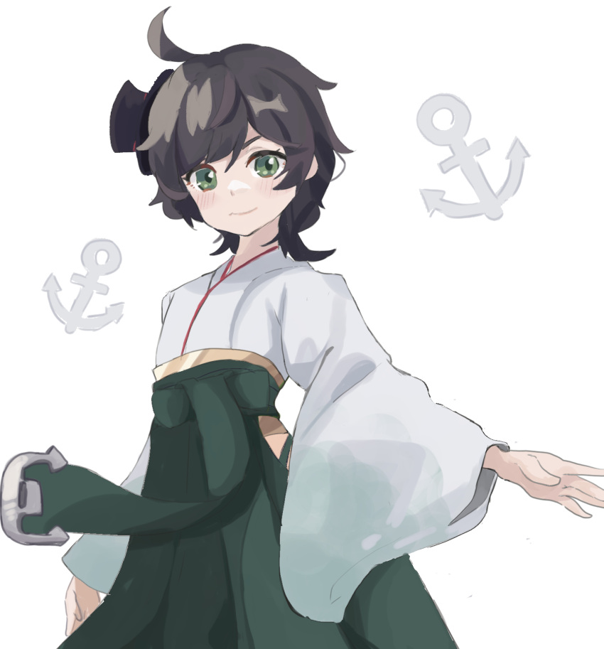 ahoge anchor anchor_symbol bad_id bad_twitter_id black_hair cowboy_shot female green_eyes green_hakama hakama hakama_skirt hat highres japanese_clothes kantai_collection kimono matsukaze_(kancolle) meiji_schoolgirl_uniform mini_hat mini_top_hat short_hair simple_background skirt solo swept_bangs top_hat umi_owl wavy_hair white_background white_kimono