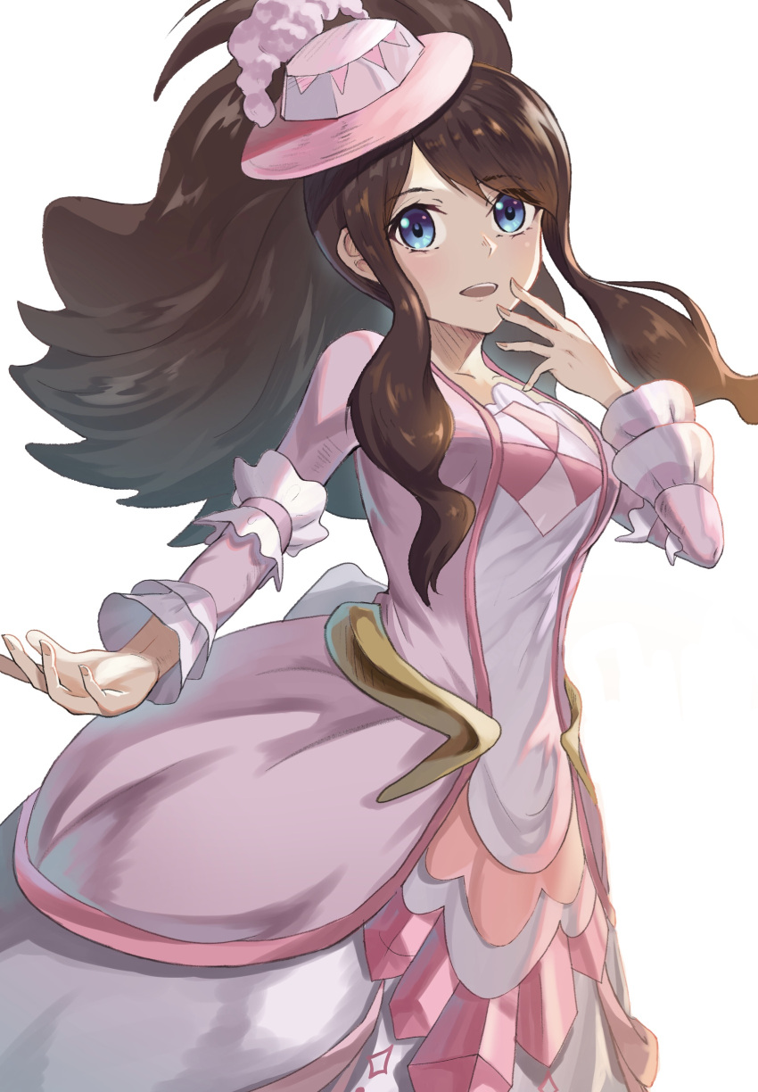 absurdres blue_eyes brown_hair collarbone commentary dress eyelashes female hand_up hat high_ponytail highres hilda_(pokemon) hilda_(special_costume)_(pokemon) long_hair long_sleeves official_alternate_costume open_mouth pink_dress pink_hat pokemon pokemon_masters_ex sidelocks simple_background solo teeth uha upper_teeth_only white_background