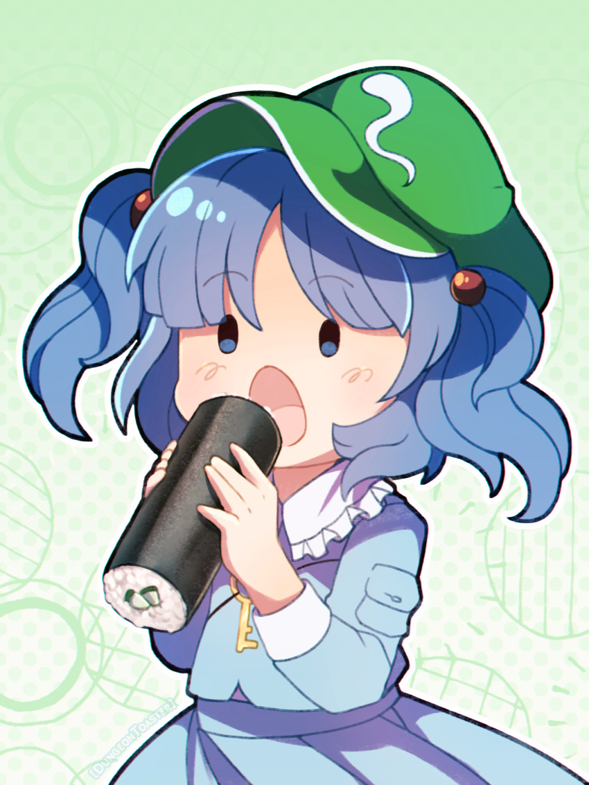 \||/ blue_eyes blue_hair chibi commentary dungeon_toaster ehoumaki female food frilled_shirt_collar frills hair_bobbles hair_ornament hat highres holding holding_food kappamaki kawashiro_nitori key makizushi simple_background solo sushi touhou two_side_up white_background