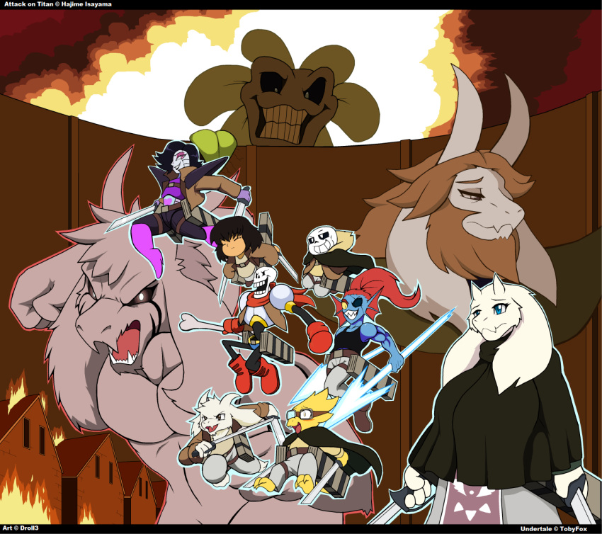 alphys anthro asgore_dreemurr asriel_dreemurr asriel_dreemurr_(god_form) attack_on_titan beard bodiless bone boss_monster_(undertale) bovid burning_building caprine cloak clothing crossover droll3 dual_wielding facial_hair female fish flowey_the_flower flying frisk_(undertale) group hi_res holding_object holding_weapon horn human humanoid long_ears machine male mammal marine melee_weapon mettaton mettaton_ex papyrus_(undertale) polearm reptile robot sans_(undertale) scalie skeleton spear sword titan_(attack_on_titan) toriel undertale undertale_(series) undyne wall_(structure) weapon