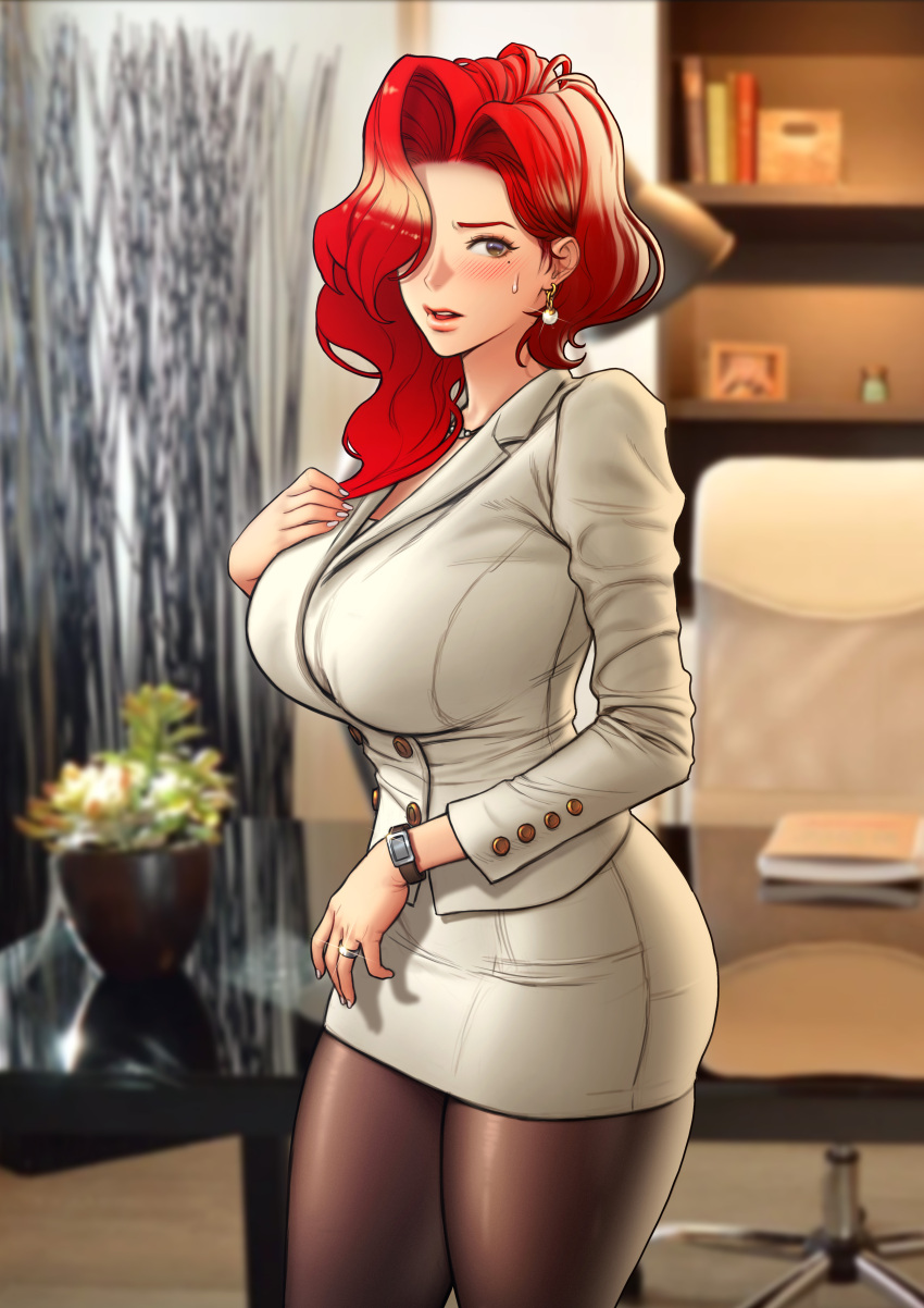 absurdres black_pantyhose blazer blush bookshelf breasts ceo_(ceo_and_bodyguard) ceo_and_bodyguard chair curvy earrings female flower hair_behind_ear hair_over_one_eye highres jacket jewelry large_breasts long_hair mature_female miniskirt office_lady open_mouth pantyhose pencil_skirt red_hair ring roborobocap skirt solo sweatdrop table watch