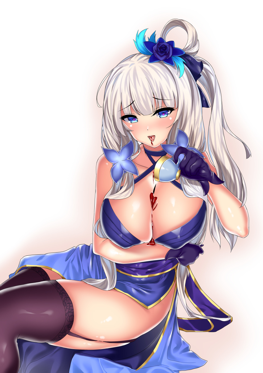 absurdres azur_lane bad_id bad_pixiv_id bare_shoulders black_thighhighs blue_dress blue_eyes blue_flower blue_rose blush breasts cleavage covered_nipples cup dress female flower garter_belt gloves gradient_background hair_between_eyes hair_flower hair_ornament halter_dress halterneck heart heart-shaped_pupils heart_in_eye highres illustrious_(azur_lane) illustrious_(never-ending_tea_party)_(azur_lane) large_breasts long_hair looking_at_viewer lumu_yuanxiang official_alternate_costume ribbon rose sidelocks smile solo symbol-shaped_pupils symbol_in_eye teacup thighhighs tongue tongue_out underboob