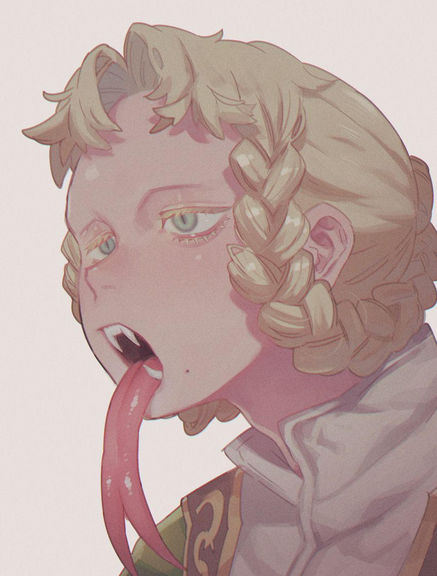 blonde_hair braid braided_hair_rings elden_ring fangs fangs_out female forked_tongue green_eyes hair_rings half-closed_eyes highres long_eyelashes long_tongue looking_to_the_side mole mole_under_mouth norasame_(dagako) open_mouth parted_bangs portrait rya_(elden_ring) short_hair simple_background slit_pupils solo spoilers tongue tongue_out white_background