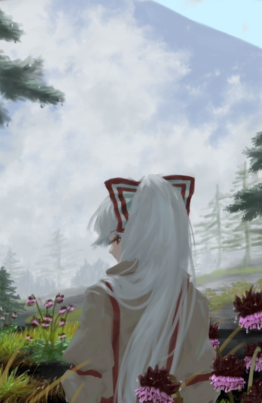 absurdres blunt_bangs bow cloud cloudy_sky collared_shirt commentary day female flower flower_request from_behind fujiwara_no_mokou grass hair_over_shoulder hairbow highres kajatony long_hair long_sleeves looking_to_the_side mountain multicolored_bow multicolored_clothes multicolored_flower pine_tree pink_flower ponytail puffy_long_sleeves puffy_sleeves red_bow red_eyes red_flower shirt signature sky solo standing suspenders touhou tree very_long_hair white_bow white_hair white_shirt