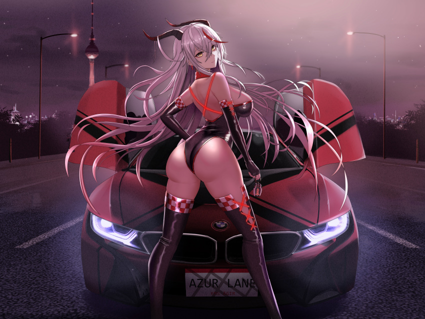 absurdres aegir_(azur_lane) alternate_costume alternate_hair_length alternate_hairstyle ass azur_lane backless_leotard berlin berliner_fernsehturm black_footwear black_gloves black_leotard black_thighhighs bmw bmw_i8 breasts bush butterfly_doors car character_name checkered_footwear checkered_gloves checkered_trim city_lights cityscape commentary copyright_name country_connection criss-cross_back-straps cross-laced_clothes cross-laced_footwear cross-laced_slit demon_horns detached_collar elbow_gloves feet_out_of_frame female fingerless_gloves from_behind gloves grin hair_between_eyes hair_on_horn hand_on_own_hip highleg highleg_leotard highres holding holding_key horns huge_ass kcar66t key lamppost large_breasts leather legs_apart leotard license_plate long_hair looking_back mechanical_horns median_furrow motor_vehicle multicolored_hair night night_sky outdoors race_queen real_world_location red_trim road shiny_clothes shoulder_blades sideboob sidelocks sky smile solo spaghetti_strap sports_car standing star_(sky) starry_sky streaked_hair street taut_leotard thick_thighs thighhighs thighs very_long_hair white_hair wind wind_lift yellow_eyes