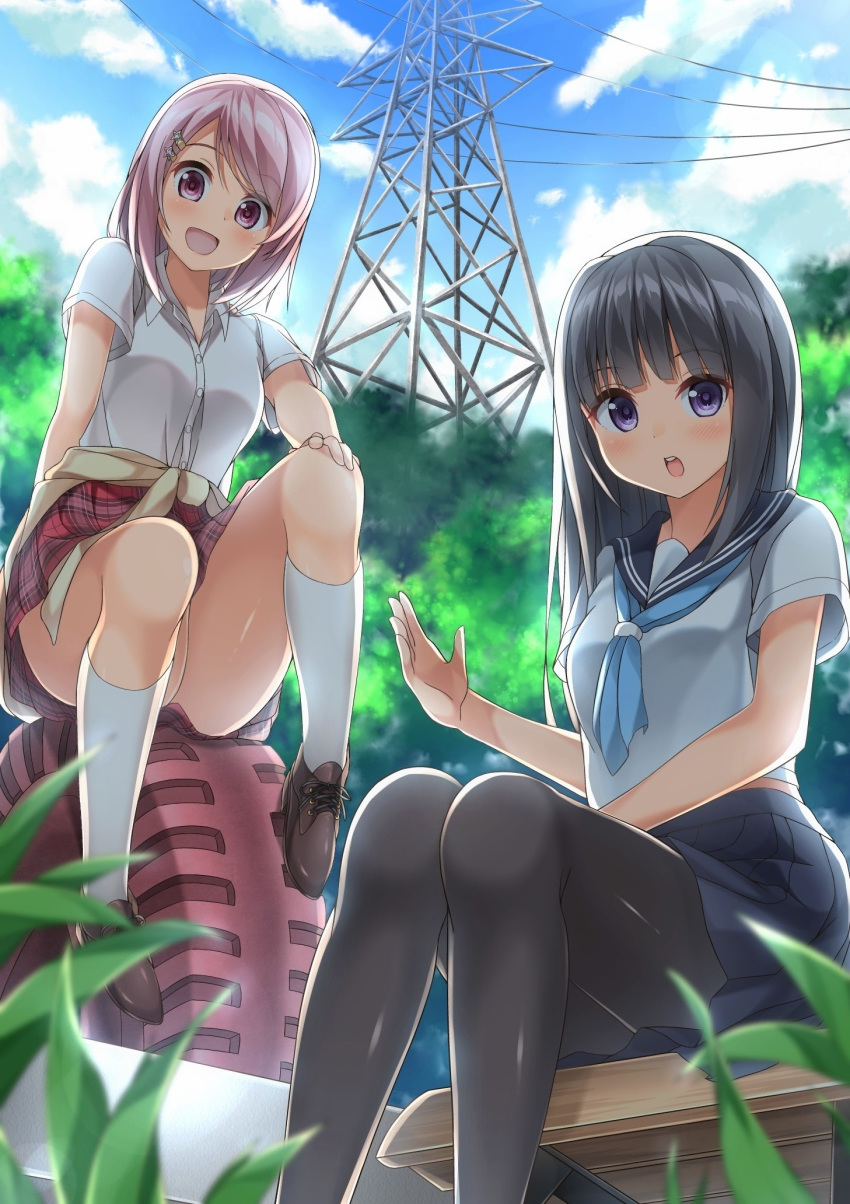 2girls black_hair blue_skirt blush clothes_around_waist cloud commentary_request day grass hair_ornament highres jacket jacket_around_waist leggings looking_at_viewer multiple_girls open_mouth original outdoors pantyhose pink_hair purple_eyes red_skirt school_uniform shinki_(user_srrn2727) shirt shoes sitting skirt sky smile socks thighs transmission_tower tree uniform white_shirt