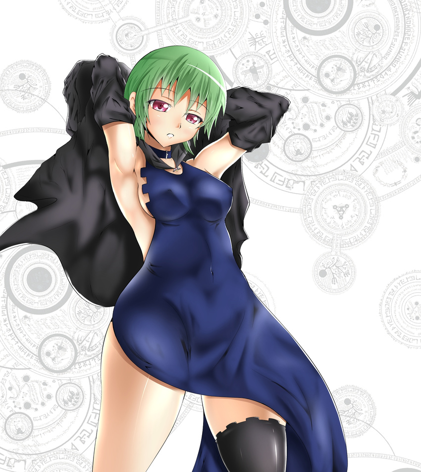 armpits arms_behind_head arms_over_head arms_up artist_request black_legwear blue_dress breasts caladrius cape covered_navel eleanor_riegl erect_nipples female green_hair hood looking_at_viewer parted_lips red_eyes shiny shiny_clothes shiny_hair shiny_skin short_hair side_slit sideboob single_thighhigh solo