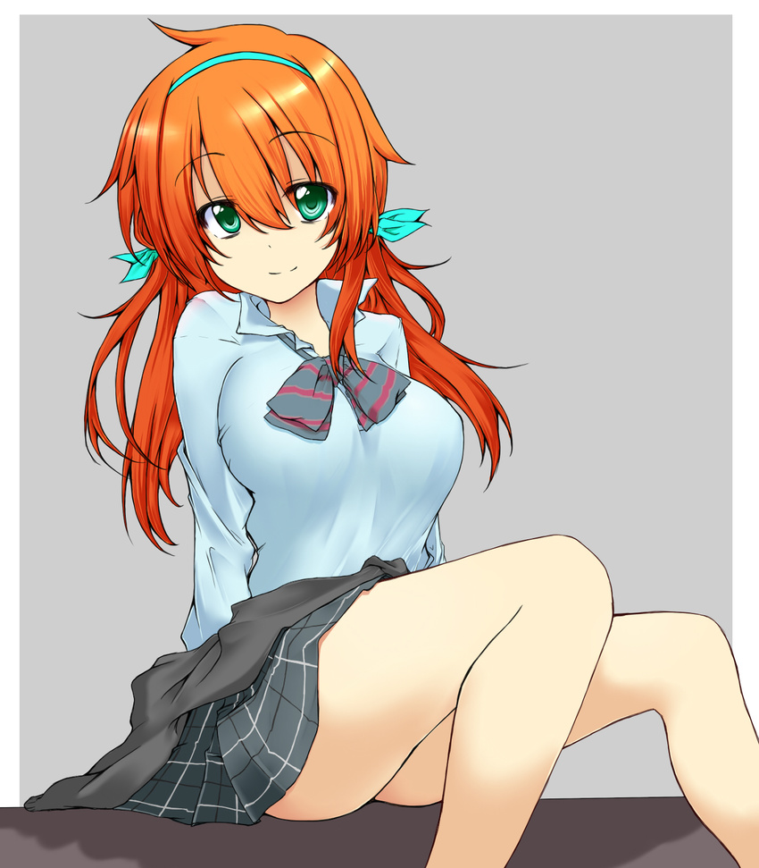 amano_tora borrowed_character breasts clothes_around_waist commentary_request female green_eyes hairband highres long_hair looking_at_viewer medium_breasts orange_hair original plaid plaid_skirt school_uniform sitting skirt smile solo sweater sweater_around_waist tsuru-nyan_(atozeki)