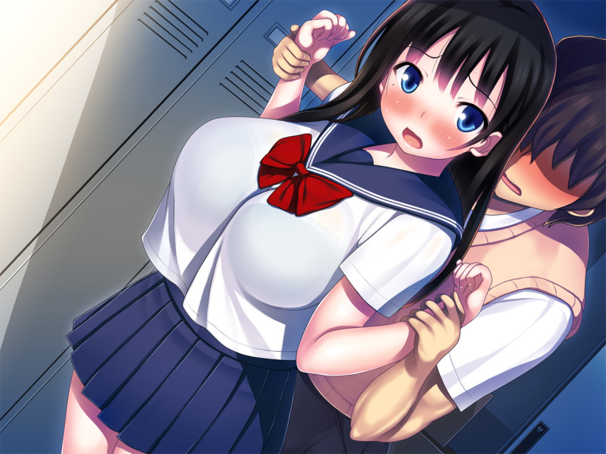 1boy :o black_hair blue_eyes blue_sailor_collar blue_skirt blush bow bowtie bra_visible_through_clothes breasts cowboy_shot dutch_angle faceless faceless_male female grabbing grabbing_from_behind holding_another's_wrist huge_breasts kanojo_ga_aitsu_ni_sareta_koto locker long_hair mole mole_under_eye nishijima_ren open_mouth photoshop_(medium) pleated_skirt plump raised_eyebrows red_bow sailor_collar school_uniform see-through serafuku shise_(agepan) skirt straight surprised tented_shirt