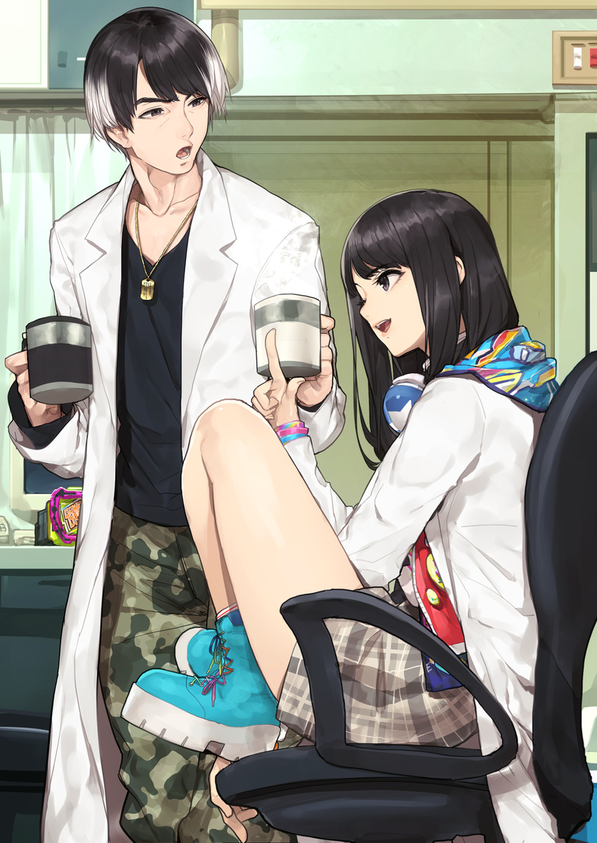 1boy black_eyes black_hair camouflage camouflage_pants commentary_request cup dog_tags female gamer_driver hanaya_taiga headphones highres hitoto hood jacket jewelry kamen_rider kamen_rider_ex-aid_(series) long_hair mug multicolored_hair necklace one_eye_closed pants rider_belt saiba_niko smile streaked_hair two-tone_hair white_hair