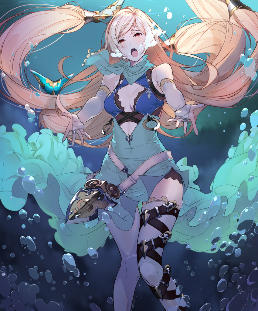 air_bubble belt blonde_hair bridal_gauntlets bubble commentary_request dress ejaeli_(granblue_fantasy) female granblue_fantasy highres kagetomo_midori long_hair looking_at_viewer open_mouth outstretched_arms solo thighhighs underwater very_long_hair