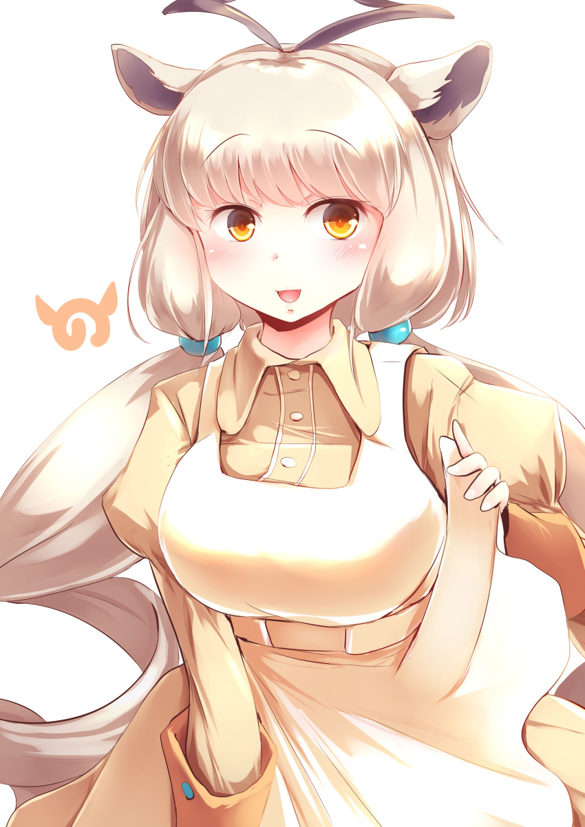 :d absurdres animal_ears blonde_hair blush commentary_request dress drill_hair female goat_ears highres horns japari_symbol juliet_sleeves kanzakietc kemono_friends long_hair long_sleeves looking_at_viewer low_twintails markhor_(kemono_friends) open_mouth orange_eyes puffy_sleeves skirt_hold smile solo twintails yellow_dress